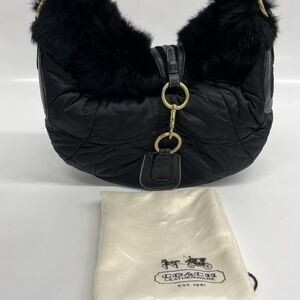 Coach Vintage Black Quilted Rabbit Fur Trim Shoulder Bag With Branded Dusty